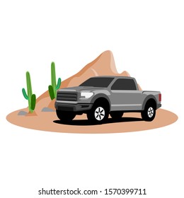 Off-road car illustration in flat design style vector, car on a hill with cactus