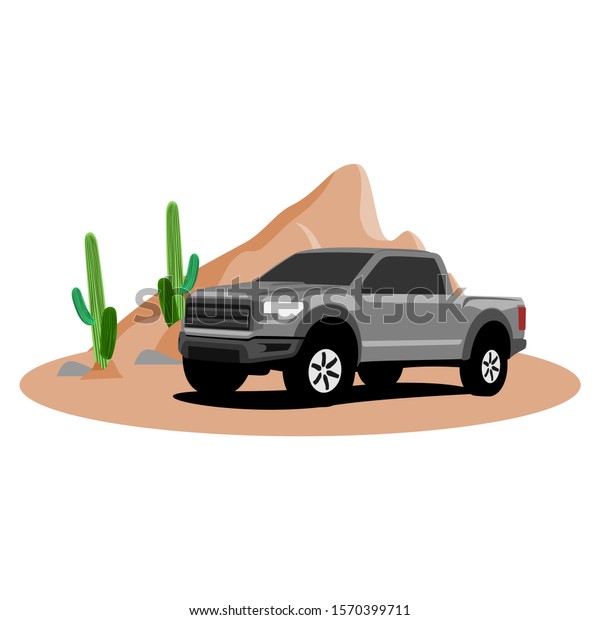 Off-road car illustration in flat design style\
vector, car on a hill with\
cactus