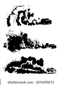 Off-road car image moving fast with a dust of cloud behind. Vector illustration in black color isolated on a white background. Automotive set of drawings. Endurance event or tough rallying concept.