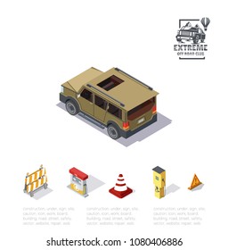 off-road car in isometric view, rear view vector illustration