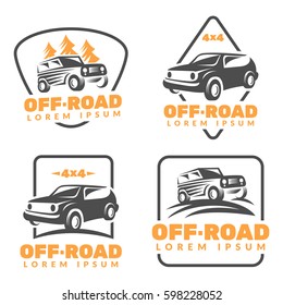 Off-road car logo. Off-road vehicle icon. Jeep off-road sign. Adventure, Travel, Expedition sign. Suv car emblems, badges. Fir-tree, Mountains, Nature sign.