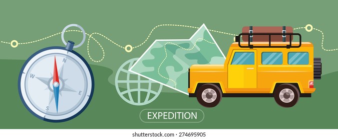 Off-road car with map and compass on road. Investigation untouched corners of nature. Travel by land. Hiking, travel, expedition. Outdoor adventure in flat design