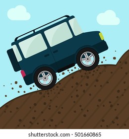 Offroad car up the mountain. Adventure Sport. Stones and earth on the ground. Sky on the background.