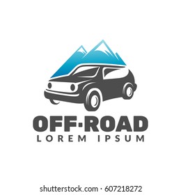 Off-road car with mountains logo. Off-road car logo. Off-road vehicle icon. Jeep off-road sign. Adventure, Travel, Expedition sign. Suv car emblems, badges. Fir-tree, Mountains, Nature sign.