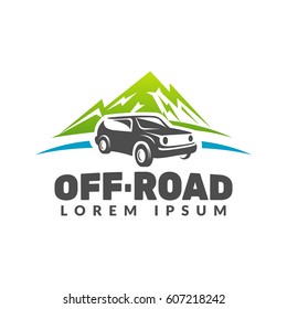 Off-road car with mountains vector logo. Off-road car logo. Off-road vehicle icon. Jeep off-road sign. Adventure, Travel, Expedition sign. Suv car emblems, badges. Fir-tree, Mountains, Nature sign.