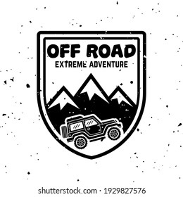 Off-road car and mountains vector monochrome vintage emblem, label, badge or logo isolated on white background