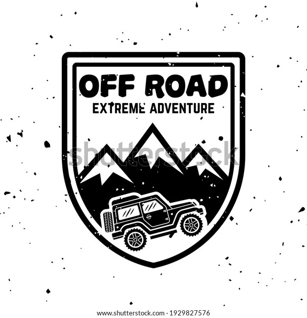 Off-road car and\
mountains vector monochrome vintage emblem, label, badge or logo\
isolated on white\
background