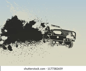 Off-road car moving fast with a cloud of dust behind. Editable vector illustration in grey color isolated on an light background. Extreme travel. Endurance event or tough rallying concept.