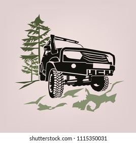 Off-road car. Off-roading suv adventure, extreme competition emblem and car club element. Beautiful vector illustration in dark greyand green colors isolated on a light background. 