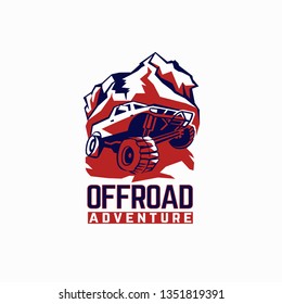Off-road car. Off-roading suv adventure, extreme competition emblem and car club element. Beautiful vector illustration in blue, red color isolated on a white background. 
