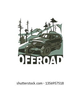 Off-road car. Off-roading suv adventure, extreme competition emblem and car club element. Beautiful vector illustration in green colors isolated on a white background. 