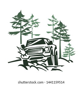 Off-road car. Off-roading suv adventure, extreme competition emblem and car club element. Beautiful vector illustration in dark grey and green colors isolated on a white background. 