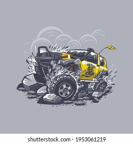 Off-road car on a gray background fights with obstacles from stones in the mountains. Can be printed on T-shirts.