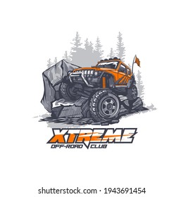 Off-road car overcomes extreme obstacles in the mountains. Illustration in vector graphics.