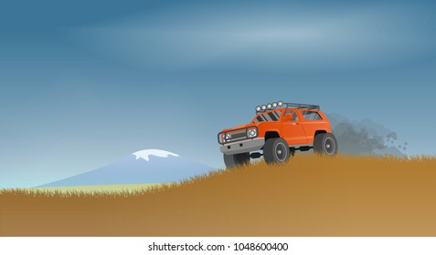 An off-road car rides along a grassy hillock. Vector illustration.