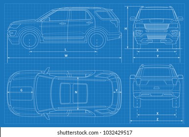 Off-road car schematic or suv car blueprint. Vector illustration. off road vehicle in outline. Business vehicle template vector. View front, rear, side, top