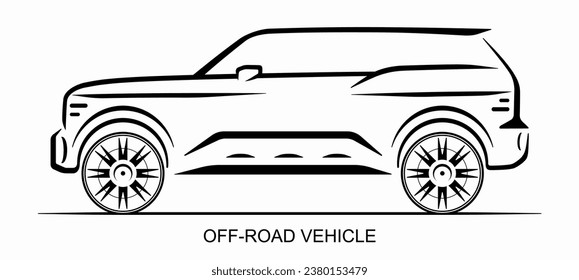 Off-road car silhouette isolated on white background. Side view of the Sport-utility vehicle. Line art design template. Vector illustration.