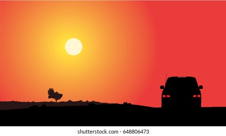 Off-road car silhouette at the sunset vector