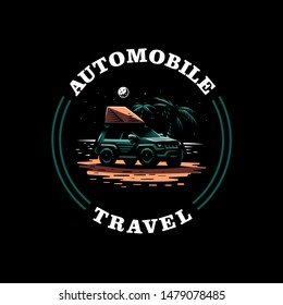 Off-road car stands on the night beach. Tent on the roof. The moon is shining, near palm trees.