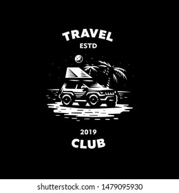 Off-road car stands on the night beach. Tent on the roof. The moon is shining, near palm trees.