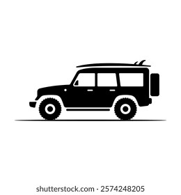 Off-road car and surfboard icon. Suv. Black silhouette. Side view. Vector simple flat graphic illustration. Isolated object on white background. Isolate.