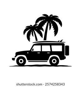 Off-road car with surfboard and palm tree icon. Suv. Black silhouette. Side view. Vector simple flat graphic illustration. Isolated object on white background. Isolate.