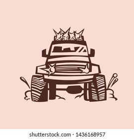 Off-road car. Suv adventure, extreme competition element for an emblem and car club design. Beautiful vector illustration in brown color isolated on a beige background. 