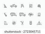 Offroad car and tools equipment icons set in simple linear style. Adventure off road vehicle symbol logo icon collections