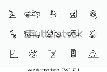 Offroad car and tools equipment icons set in simple linear style. Adventure off road vehicle symbol logo icon collections