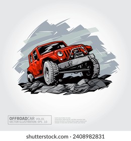 Offroad Car Vector Illustration. Off road vehicle over a heap of stones.