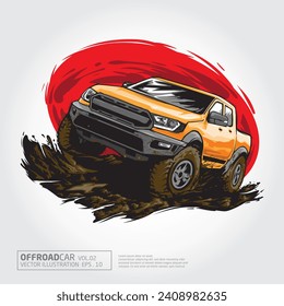 Offroad Car Vector Illustration. SUV on top of mountain with inscription on a white background.