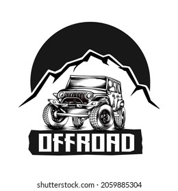 Offroad car vector logo. Suv, rock crawler car on the mountain. Vintage logo, hand drawn style.