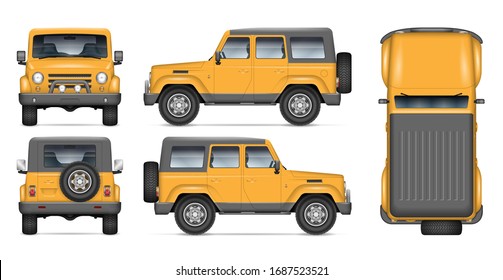 Offroad car vector mockup for vehicle branding, advertising, corporate identity. View from side, front, back, and top. All elements in the groups on separate layers for easy editing and recolor.