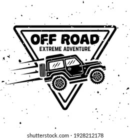 Off-road car vector monochrome vintage emblem, label, badge or logo isolated on white background