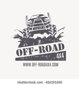 Off-road car with very big wheels - hyperbolized concept of all-terrain vehicle. Monochrome vector emblem