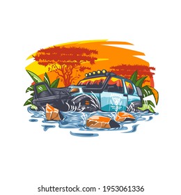 Off-road car in the water against the backdrop of the African landscape at sunset. Can be printed on T-shirts.