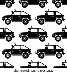 Off-road cars isolated on white background. Seamless pattern. Black silhouette. Side view. Vector graphic illustration. Isolate. Texture.