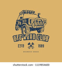 Off-road club emblem with rough texture for t-shirt. Blue print on yellow background