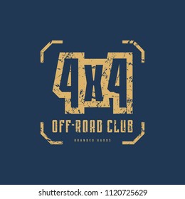 Off-road club emblem with rough texture for t-shirt. Yellow print on blue background