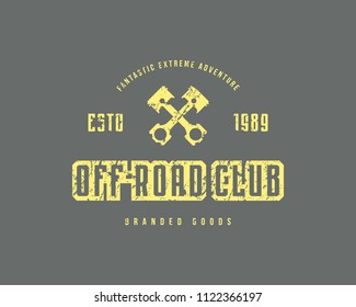 Off-road club emblem with rough texture for t-shirt. Yellow print on gray background