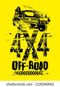 Off-road Club logo. Extreme competition emblem. Off-roading suv adventure and car event design elements. Beautiful vector textured illustration in black color isolated on a bright yellow background.