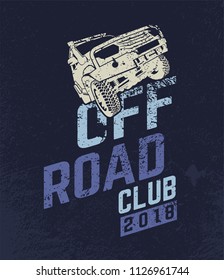 Off-road Club logo. Extreme competition emblem. Off-roading suv adventure and car event design elements. Beautiful vector illustration in blue and violet color isolated on a dark textured background.
