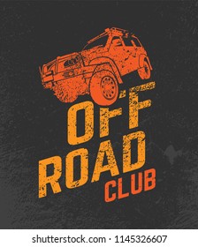 Off-road Club logo. Extreme competition emblem. Off-roading suv adventure and car event design elements. Beautiful vector illustration in orange color isolated on a dark grey textured background.