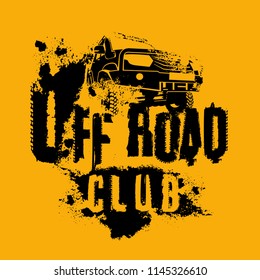 Off-road Club logo. Extreme competition emblem. Off-roading suv adventure and car event design elements. Beautiful vector textured illustration in black color isolated on orange background.