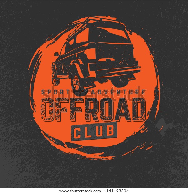 Off-road Club logo. Extreme competition\
emblem. Off-roading suv adventure and car event design elements.\
Beautiful vector illustration in orange and grey colors isolated on\
a textured\
background.