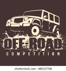 Off-road Competition emblem vector illustration. 4x4 car in mud