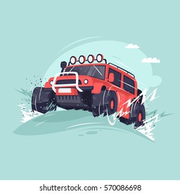 Off-road. Competitions on Suvs. Flat vector illustration in cartoon style.