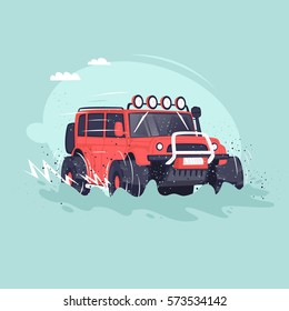 Off-road. Competitions on Suvs. Flat vector illustration in cartoon style.