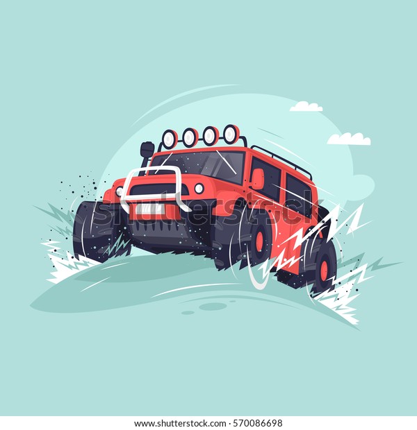 Off-road. Competitions on Suvs. Flat vector\
illustration in cartoon\
style.