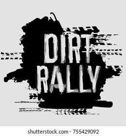 Off-Road dirt rally hand drawn grunge lettering. Tire tracks words made from unique letters. Beautiful vector illustration. Editable graphic element in white and black colours. 